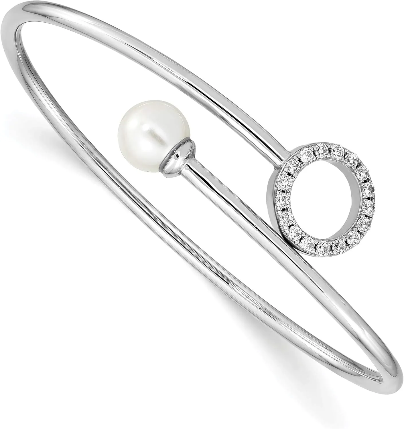 Bonyak Jewelry Sterling Silver Rh-pl Imitation Shell Pearl & CZ Flexible Bangle Delicate