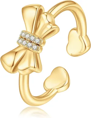 Bow Rings for Women Teen Girls, 14K White/Yellow/Rose Gold Plated Heart Stackable Rings CZ Dainty Bow Knot Ring Jewelry Gifts Open Adjustable Finger Ring Size 6-10