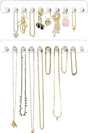 Boxy Concepts Necklace Organizer - 2 Pack Easy Install 10.5 x1.5 Hanging Clear Holder Wall Mount with 10 Necklace Hooks For Bracelets, Earrings, and Keys