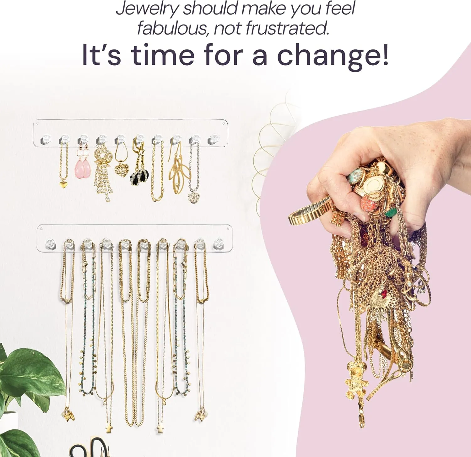 Boxy Concepts Necklace Organizer - 2 Pack Easy Install 10.5 x1.5 Hanging Clear Holder Wall Mount with 10 Necklace Hooks For Bracelets, Earrings, and Keys