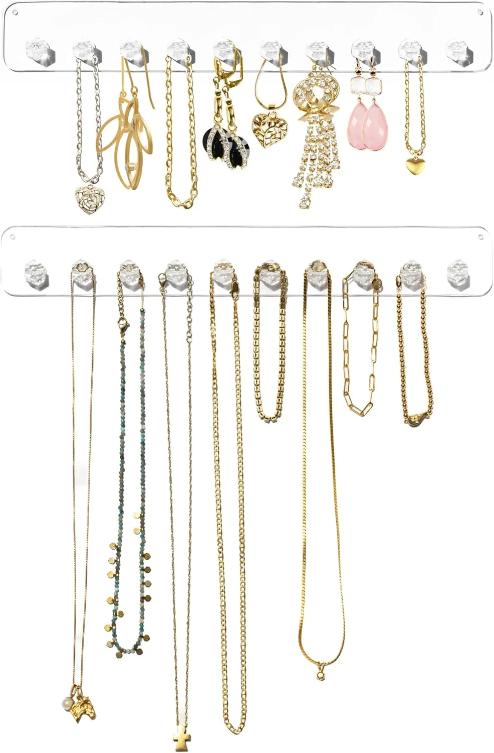 Boxy Concepts Necklace Organizer - 2 Pack Easy Install 10.5 x1.5 Hanging Clear Holder Wall Mount with 10 Necklace Hooks For Bracelets, Earrings, and Keys