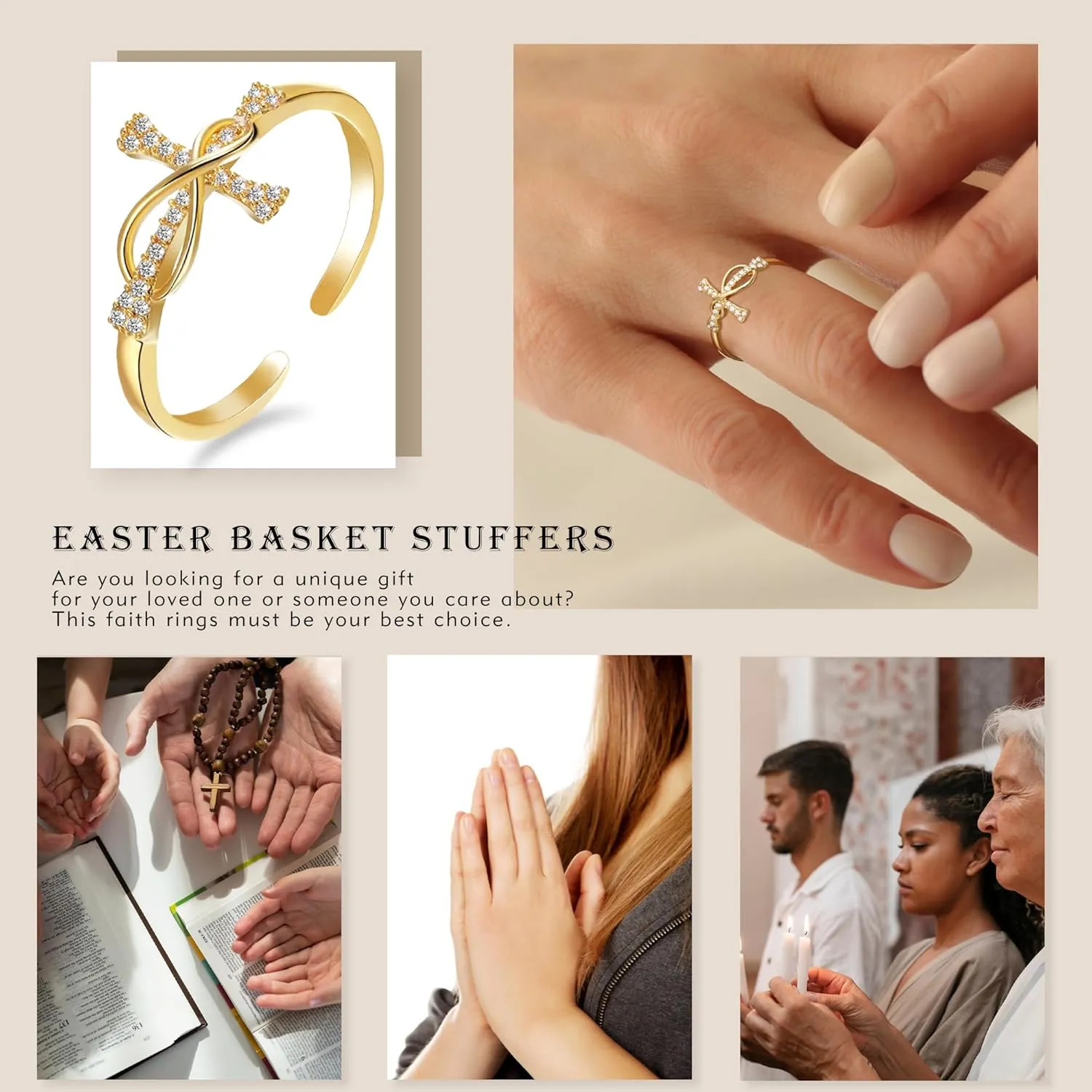 Btysun Cross Rings for Women Christian Gifts Adjustable Non Tarnish Gold Rings Religious Confirmation Catholic Gifts for Her Daughter Sister Faith Baptism Jewelry