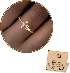 Btysun Cross Rings for Women Christian Gifts Adjustable Non Tarnish Gold Rings Religious Confirmation Catholic Gifts for Her Daughter Sister Faith Baptism Jewelry