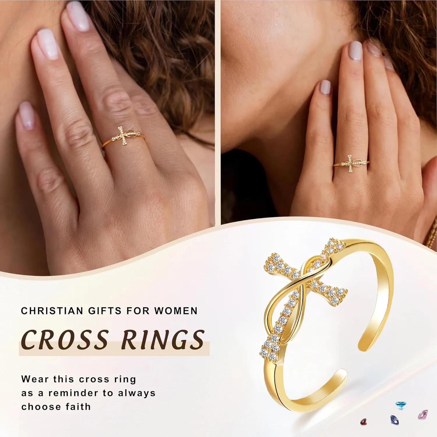 Btysun Cross Rings for Women Christian Gifts Adjustable Non Tarnish Gold Rings Religious Confirmation Catholic Gifts for Her Daughter Sister Faith Baptism Jewelry