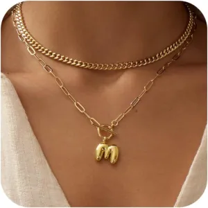 Bubble Gold Letter Necklace Layered Initial Necklaces for Women Dainty Cuban Chain Choker Necklace 14K Gold Plated Letter Necklace Personalized Name Necklace Cute Jewelry Gifts