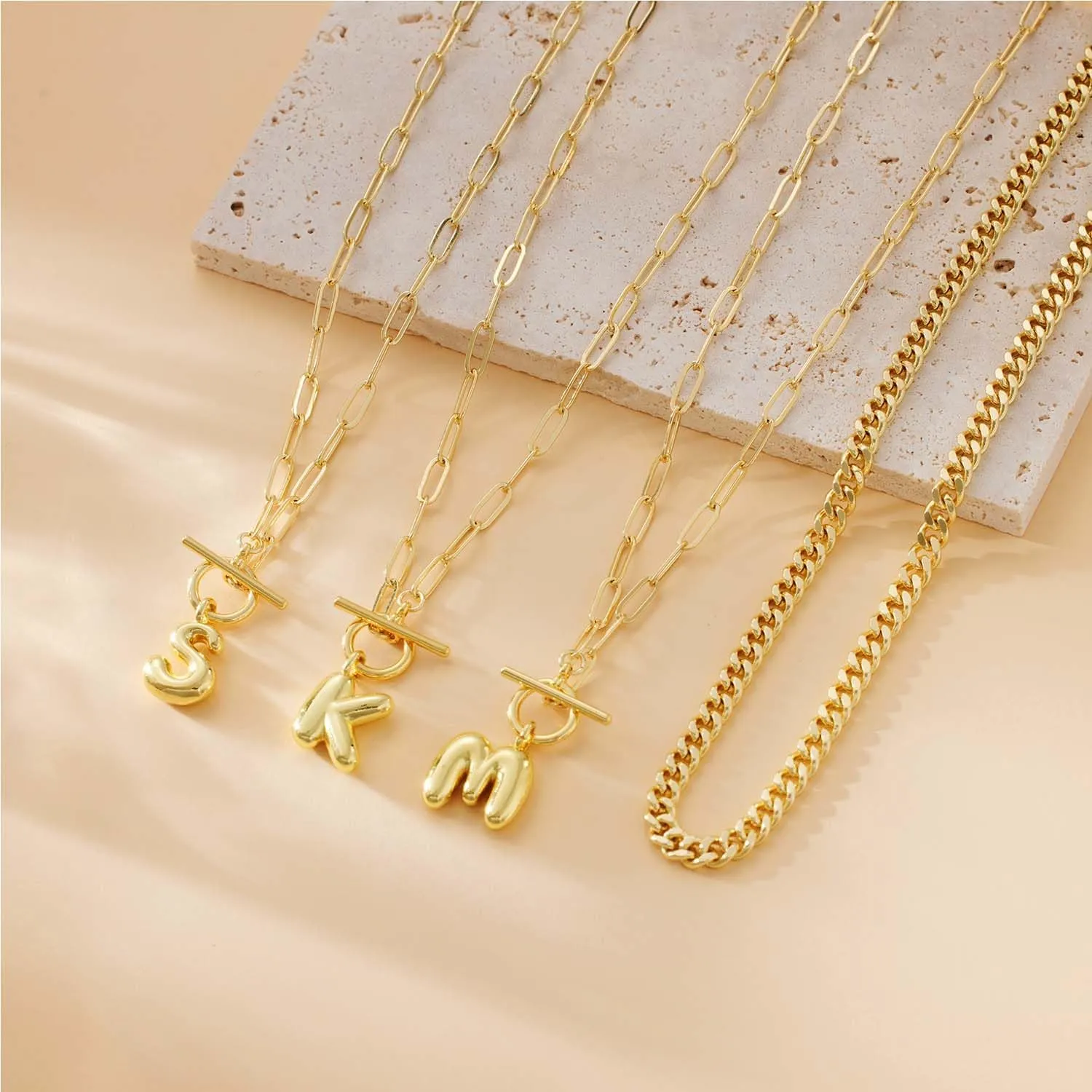 Bubble Gold Letter Necklace Layered Initial Necklaces for Women Dainty Cuban Chain Choker Necklace 14K Gold Plated Letter Necklace Personalized Name Necklace Cute Jewelry Gifts