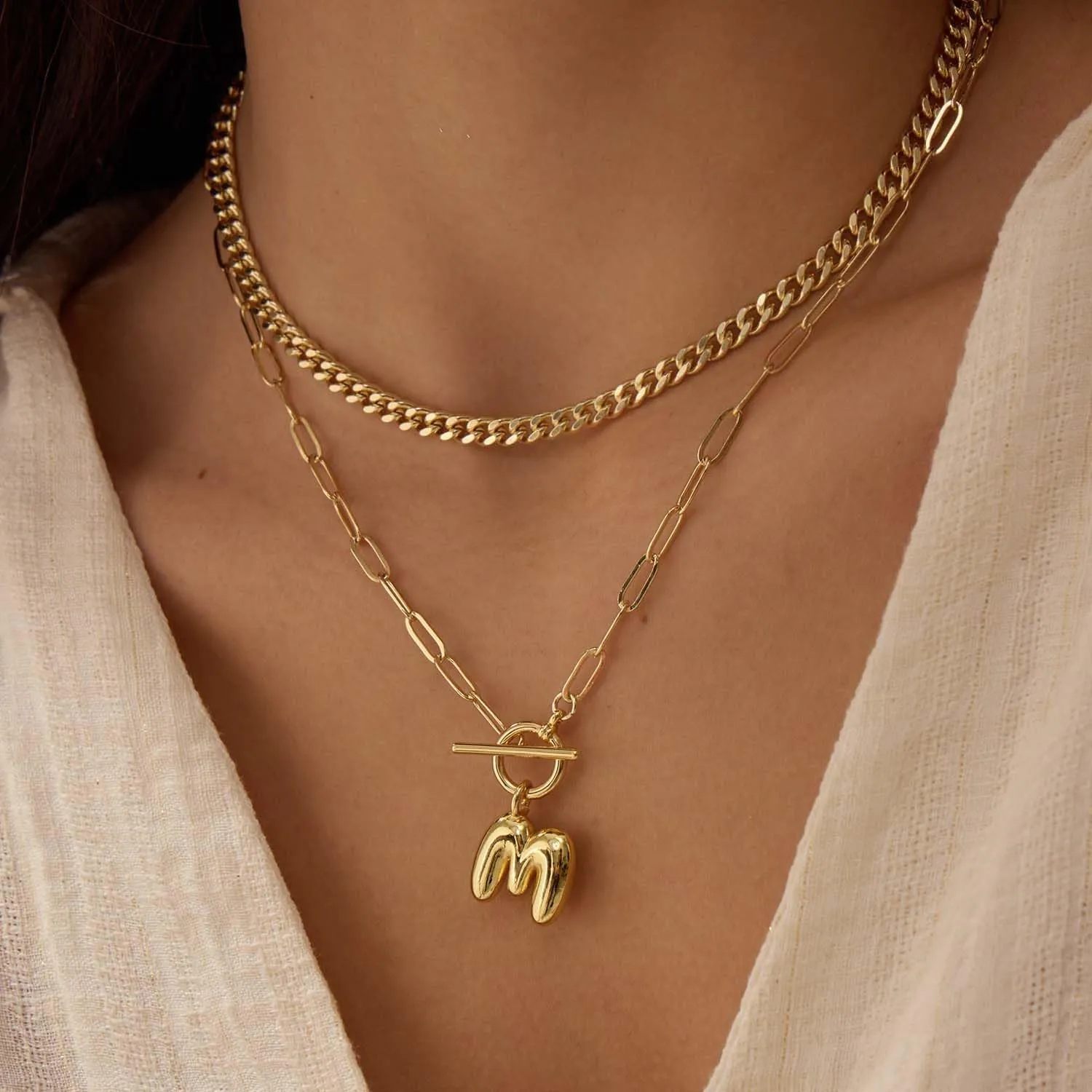 Bubble Gold Letter Necklace Layered Initial Necklaces for Women Dainty Cuban Chain Choker Necklace 14K Gold Plated Letter Necklace Personalized Name Necklace Cute Jewelry Gifts