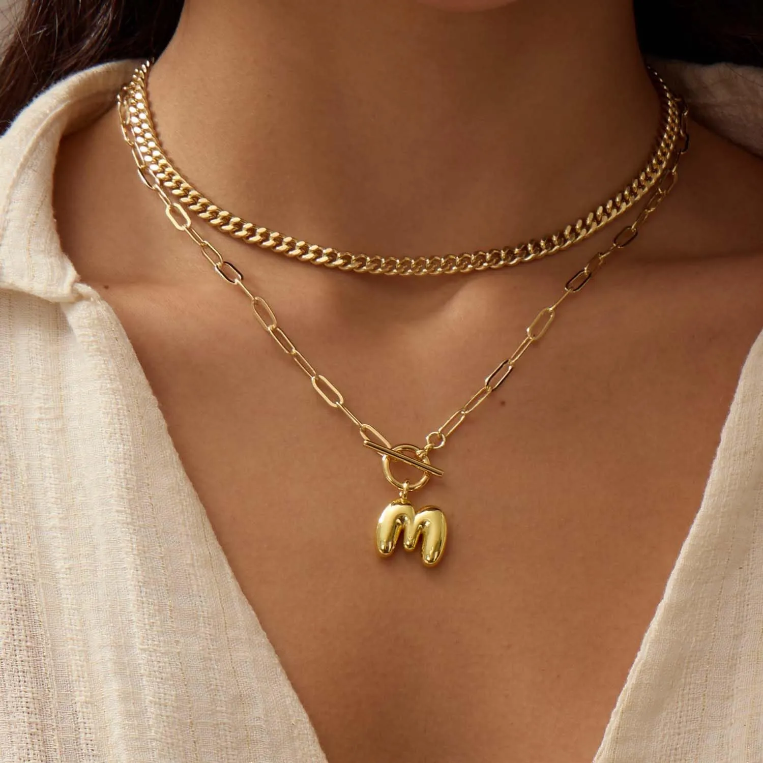 Bubble Gold Letter Necklace Layered Initial Necklaces for Women Dainty Cuban Chain Choker Necklace 14K Gold Plated Letter Necklace Personalized Name Necklace Cute Jewelry Gifts