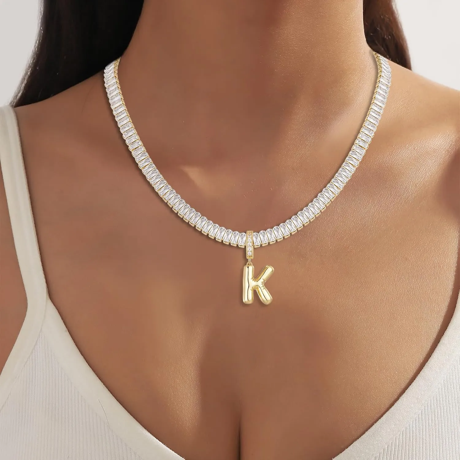 Bubble Letter Necklace Gold Tennis Necklaces for Women 14K Gold Plated Cubic Zirconia Chunky Custom Name Necklace Gold Jewelry for Women