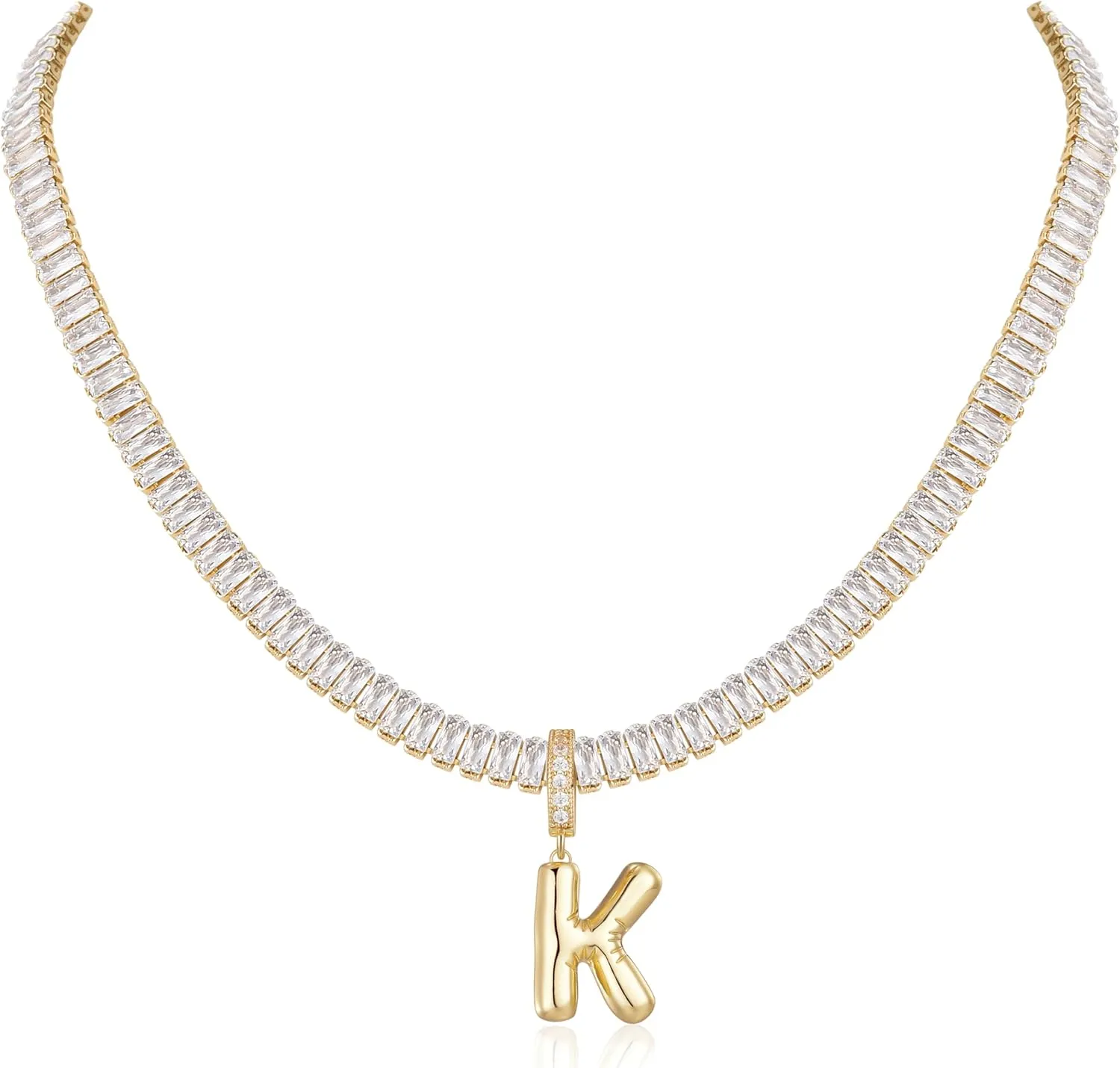 Bubble Letter Necklace Gold Tennis Necklaces for Women 14K Gold Plated Cubic Zirconia Chunky Custom Name Necklace Gold Jewelry for Women