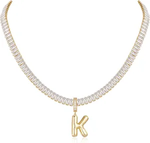 Bubble Letter Necklace Gold Tennis Necklaces for Women 14K Gold Plated Cubic Zirconia Chunky Custom Name Necklace Gold Jewelry for Women