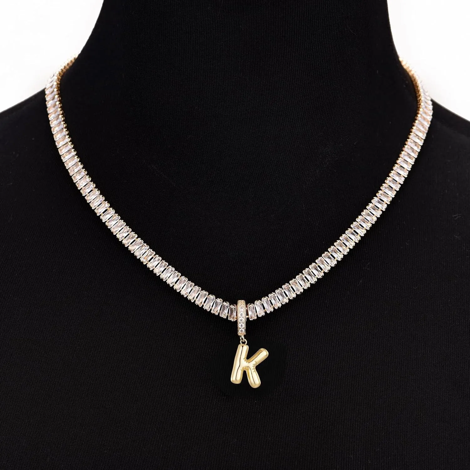 Bubble Letter Necklace Gold Tennis Necklaces for Women 14K Gold Plated Cubic Zirconia Chunky Custom Name Necklace Gold Jewelry for Women