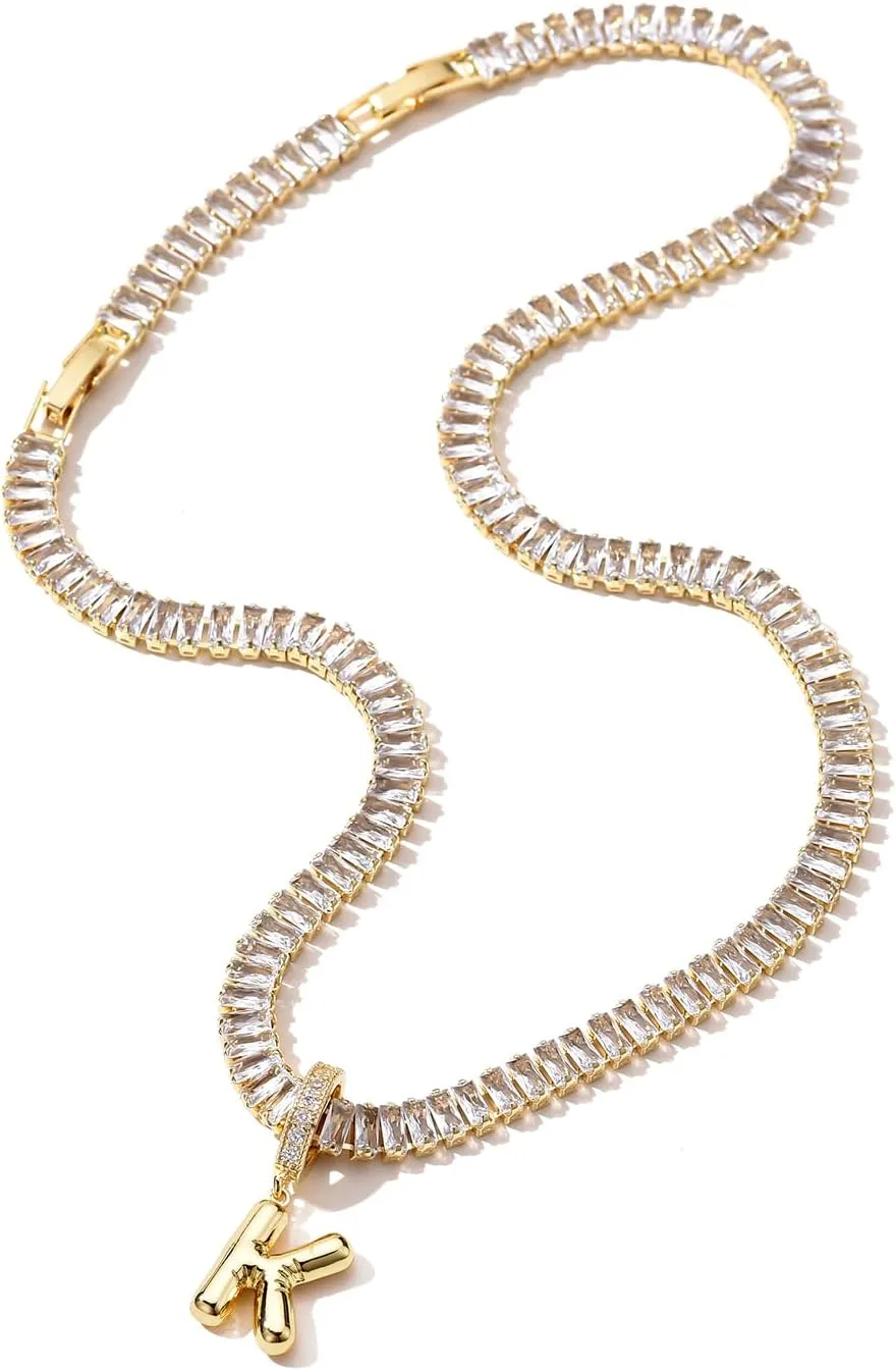 Bubble Letter Necklace Gold Tennis Necklaces for Women 14K Gold Plated Cubic Zirconia Chunky Custom Name Necklace Gold Jewelry for Women