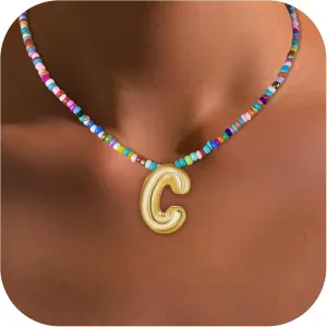 Bubble Letter Necklaces for Girls Gifts, Beaded Gold Plated Initial Name Necklace with Balloon Alphabet Pendant Personalized for Women, Teens and Preteen