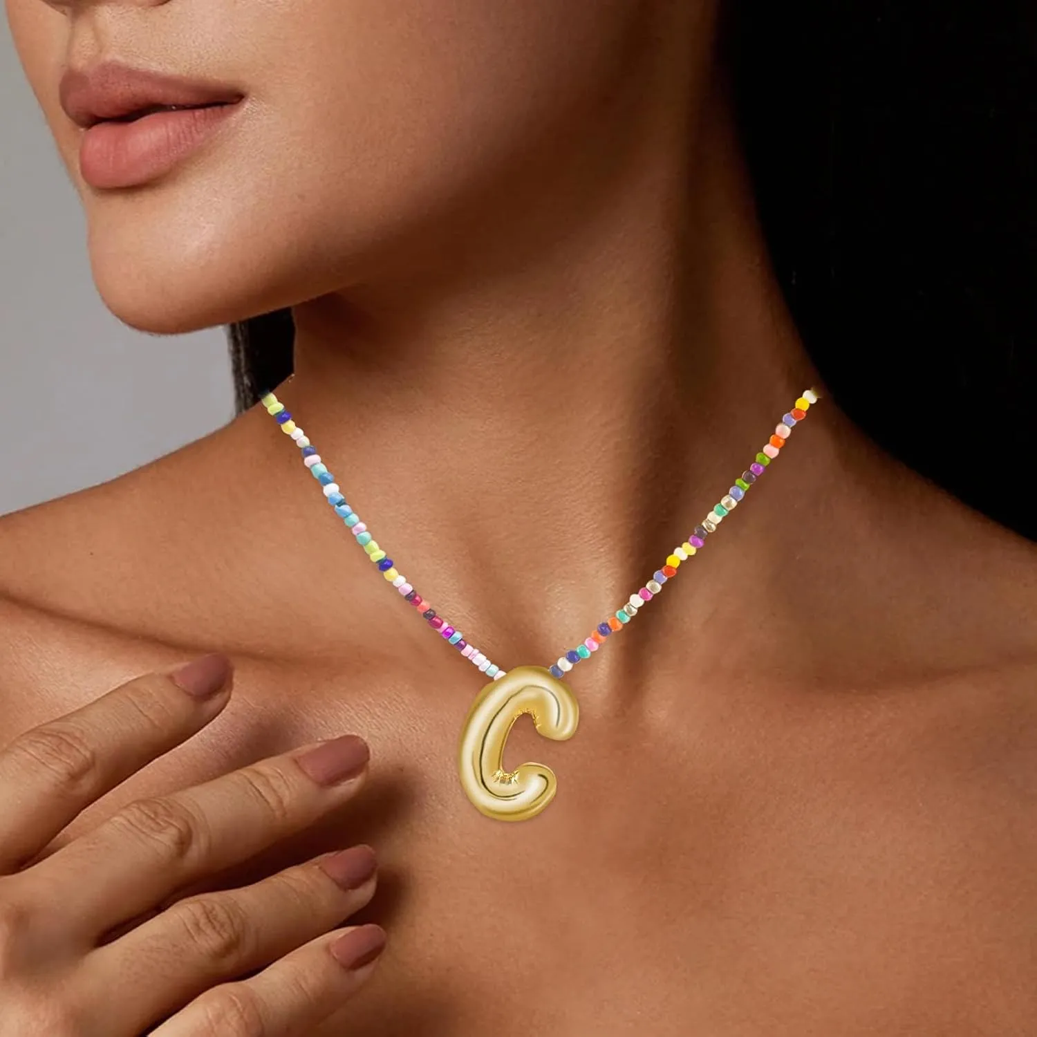 Bubble Letter Necklaces for Girls Gifts, Beaded Gold Plated Initial Name Necklace with Balloon Alphabet Pendant Personalized for Women, Teens and Preteen