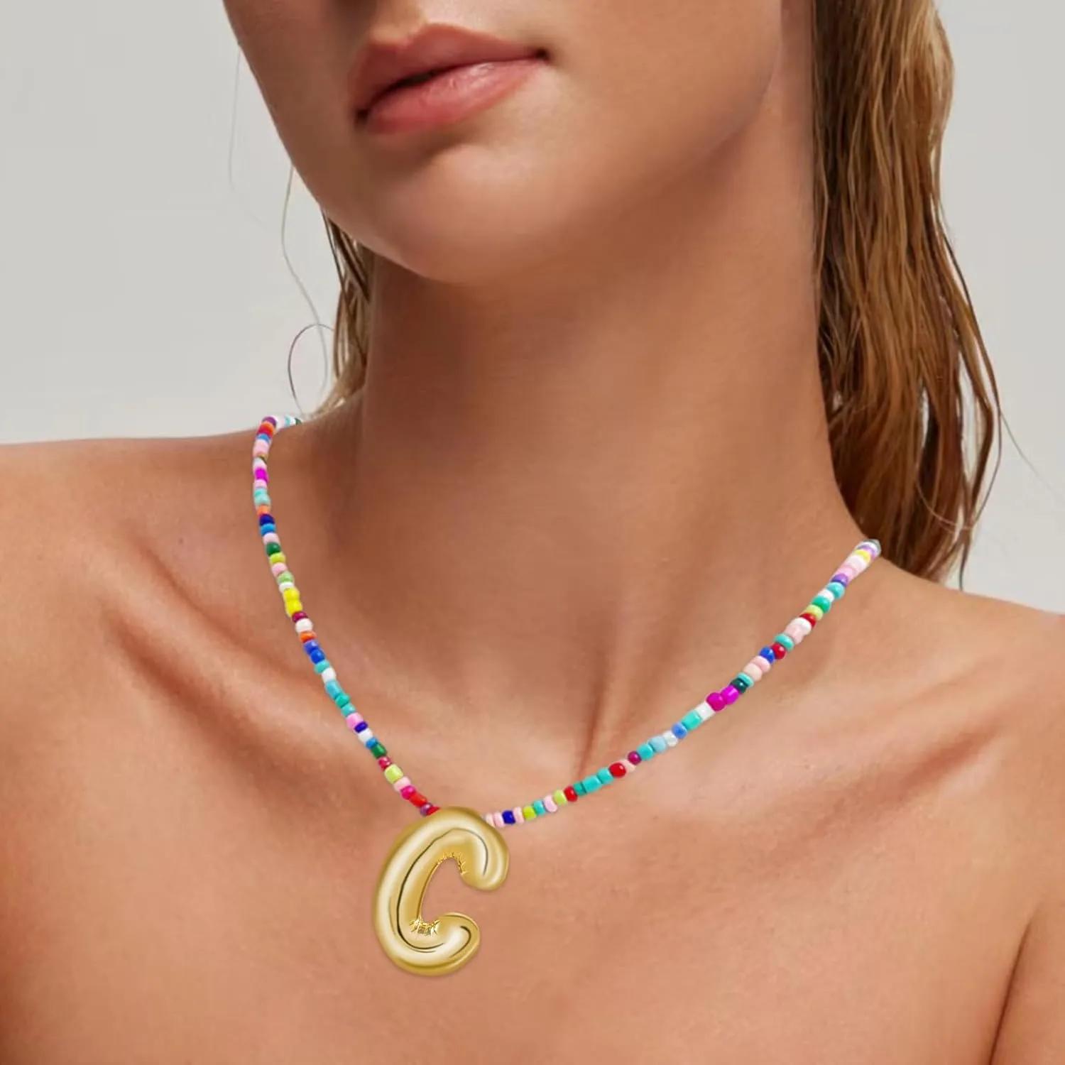 Bubble Letter Necklaces for Girls Gifts, Beaded Gold Plated Initial Name Necklace with Balloon Alphabet Pendant Personalized for Women, Teens and Preteen