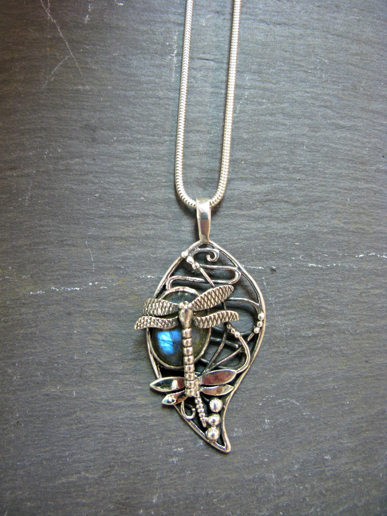 Bullrush Dragonfly Pendant in Sterling Silver with Labradorite by Madeleine Blaine