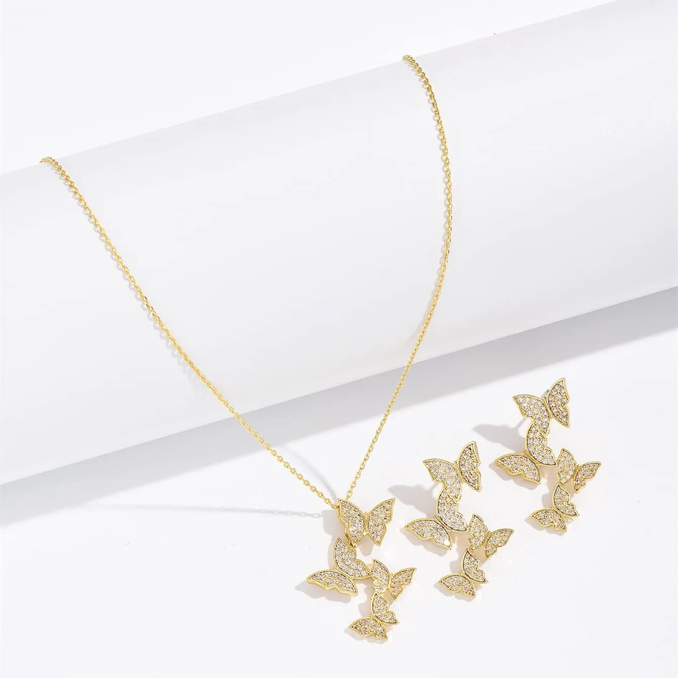 Butterfly Earring Necklace Bracelet Set - 14K Gold Plated Dainty Butterfly Jewelry Set with Cubic Zirconia, Birthday Bar Mitzvah Gifts for Women | Color: Gold/White Gold/Rose Gold
