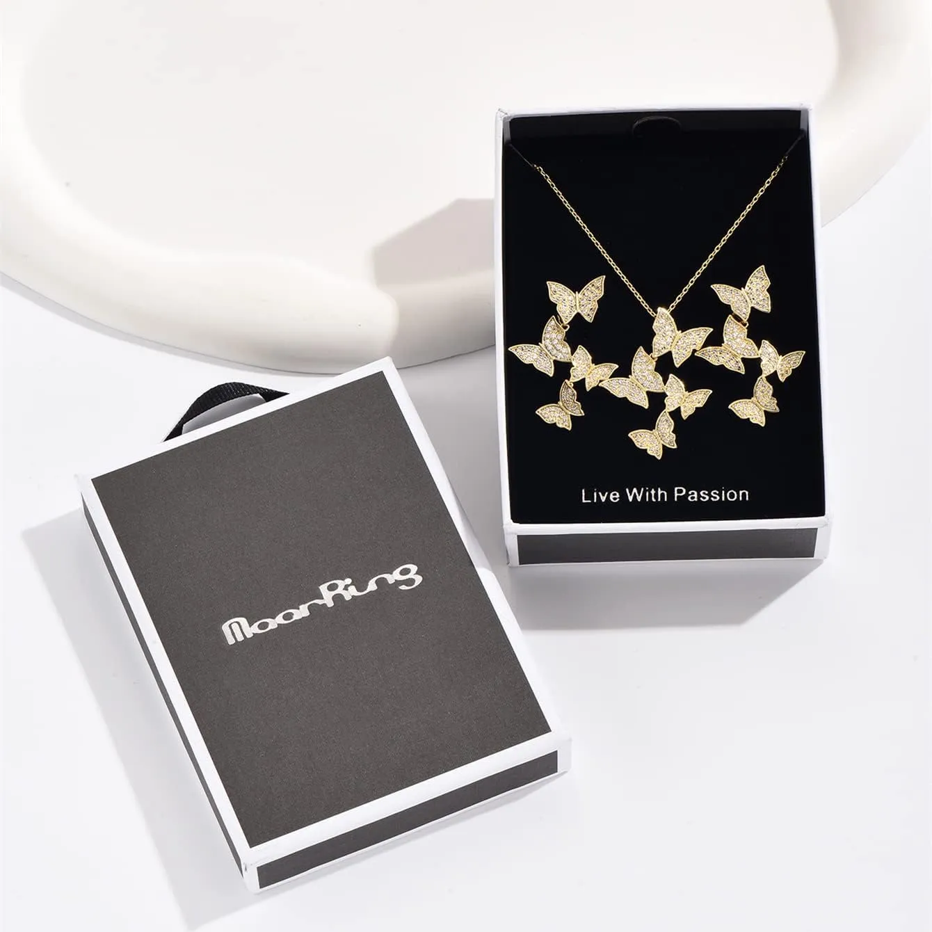 Butterfly Earring Necklace Bracelet Set - 14K Gold Plated Dainty Butterfly Jewelry Set with Cubic Zirconia, Birthday Bar Mitzvah Gifts for Women | Color: Gold/White Gold/Rose Gold