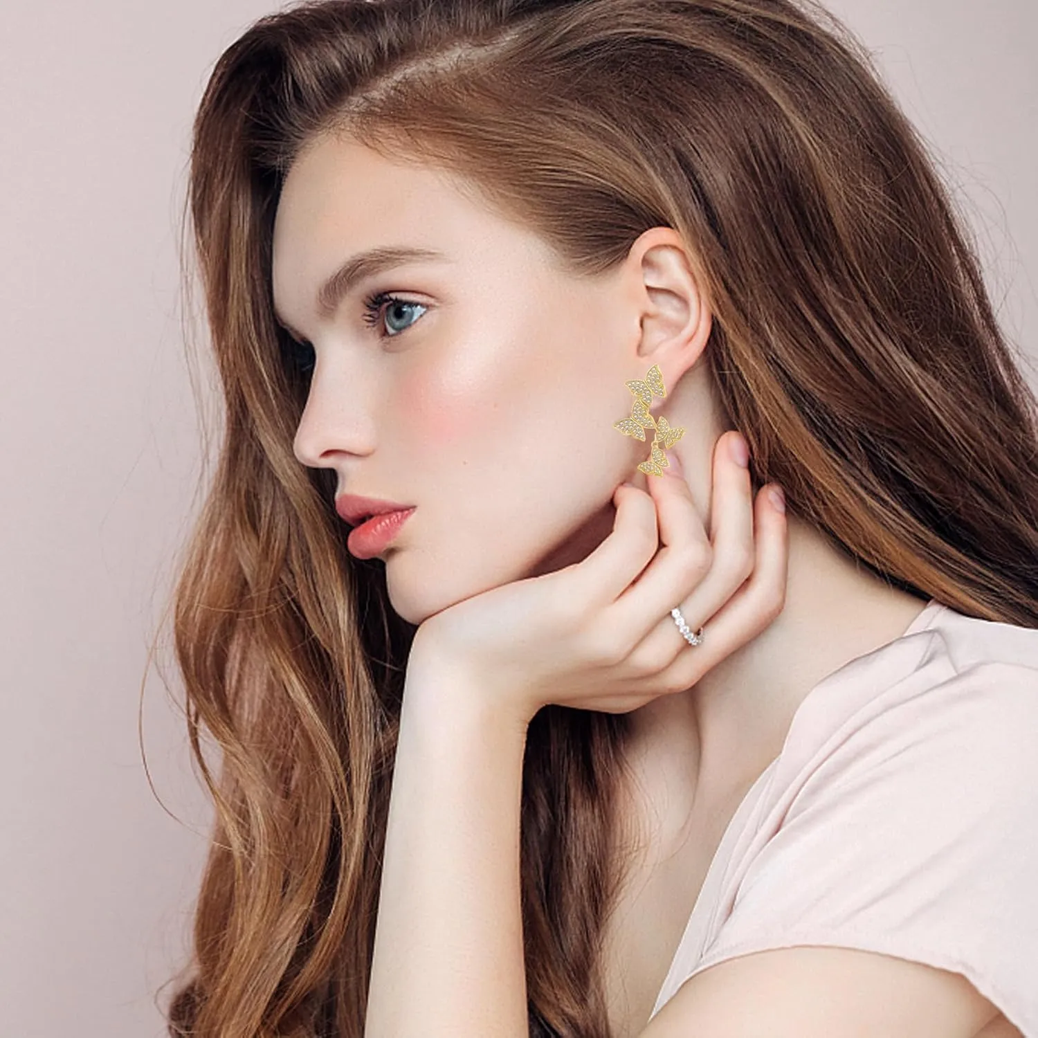 Butterfly Earring Necklace Bracelet Set - 14K Gold Plated Dainty Butterfly Jewelry Set with Cubic Zirconia, Birthday Bar Mitzvah Gifts for Women | Color: Gold/White Gold/Rose Gold