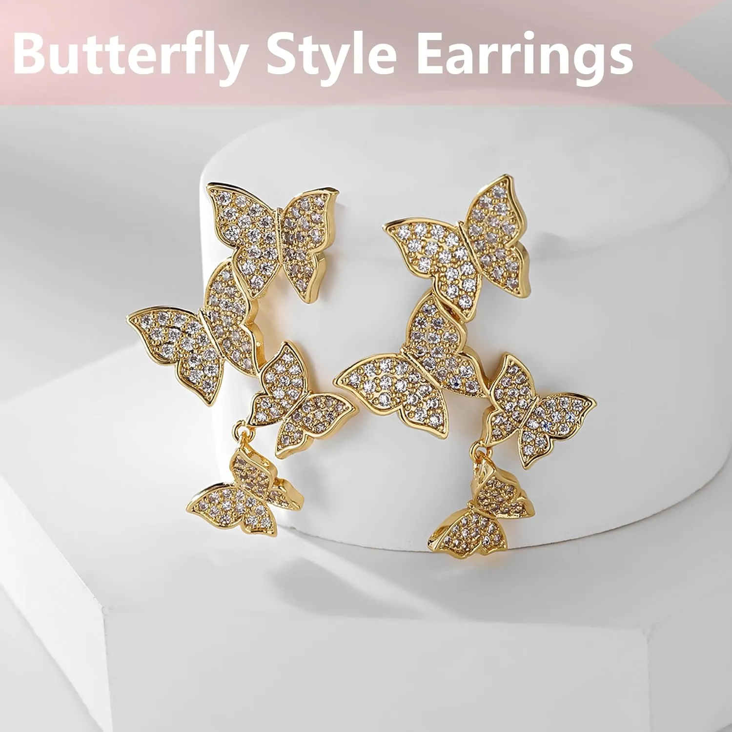 Butterfly Earring Necklace Bracelet Set - 14K Gold Plated Dainty Butterfly Jewelry Set with Cubic Zirconia, Birthday Bar Mitzvah Gifts for Women | Color: Gold/White Gold/Rose Gold