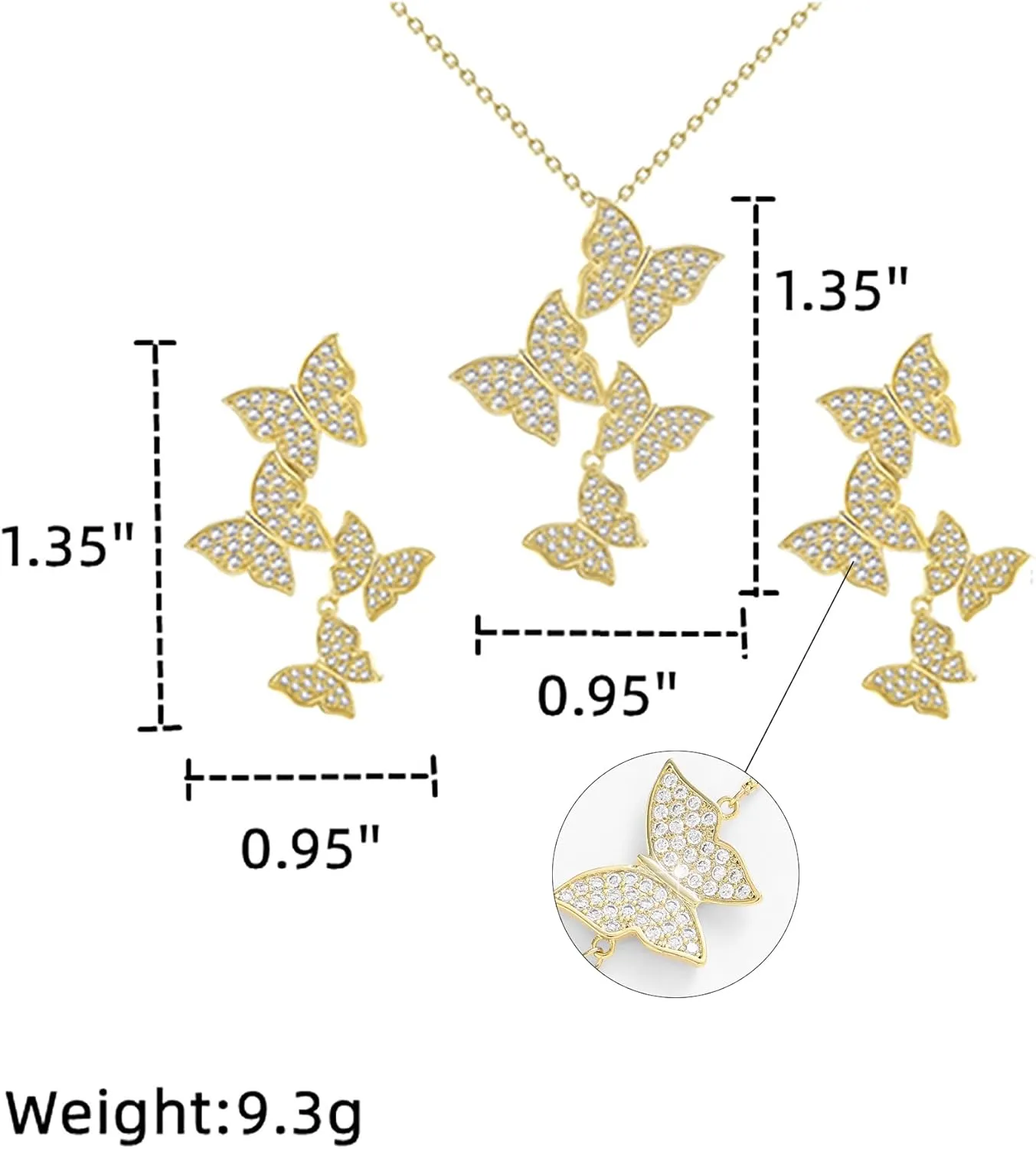 Butterfly Earring Necklace Bracelet Set - 14K Gold Plated Dainty Butterfly Jewelry Set with Cubic Zirconia, Birthday Bar Mitzvah Gifts for Women | Color: Gold/White Gold/Rose Gold