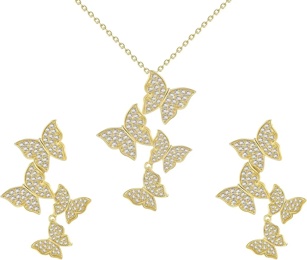 Butterfly Earring Necklace Bracelet Set - 14K Gold Plated Dainty Butterfly Jewelry Set with Cubic Zirconia, Birthday Bar Mitzvah Gifts for Women | Color: Gold/White Gold/Rose Gold