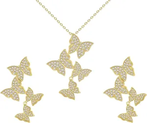 Butterfly Earring Necklace Bracelet Set - 14K Gold Plated Dainty Butterfly Jewelry Set with Cubic Zirconia, Birthday Bar Mitzvah Gifts for Women | Color: Gold/White Gold/Rose Gold