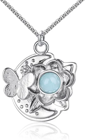 Butterfly Womens Pendant Necklace,Flower Necklaces for Women Copper White Gold Plated Lightweight Jewelry Round Crystal Gifts Box