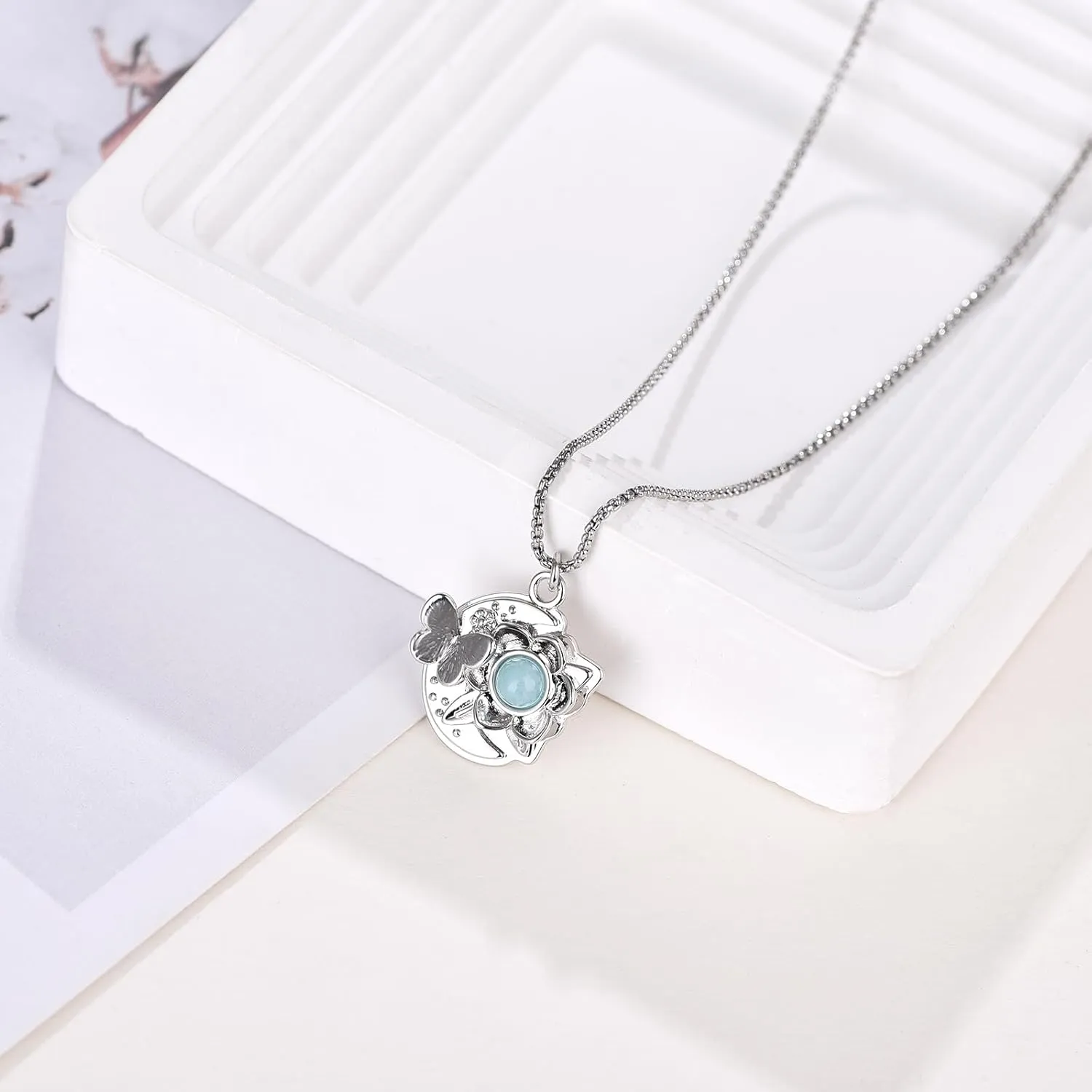 Butterfly Womens Pendant Necklace,Flower Necklaces for Women Copper White Gold Plated Lightweight Jewelry Round Crystal Gifts Box