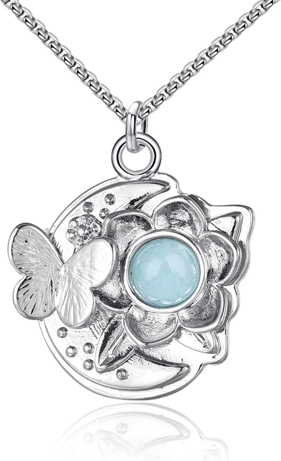 Butterfly Womens Pendant Necklace,Flower Necklaces for Women Copper White Gold Plated Lightweight Jewelry Round Crystal Gifts Box