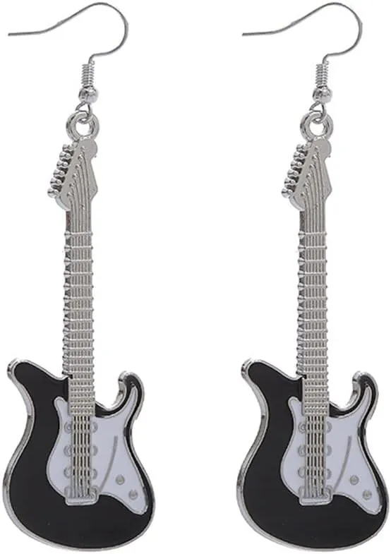 Caiyao Fashion Punk Metal Black White Music Bass Electric Guitar Dangle Drop Earrings for Women Girls Chic Rock Music Lovers Teacher Singer Hypoallergenic Personalized Concert Party Jewelry Gifts