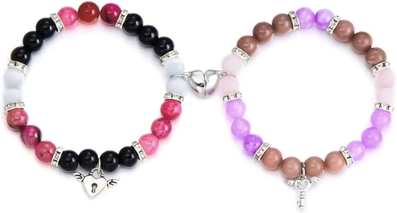 Caiyao Matching Couples Bracelets Friendship Bracelets Heart Stone Beads Lock Key Angel Wing Distance Promise Bracelet for Best Friends Bff Couples Valentine's Day