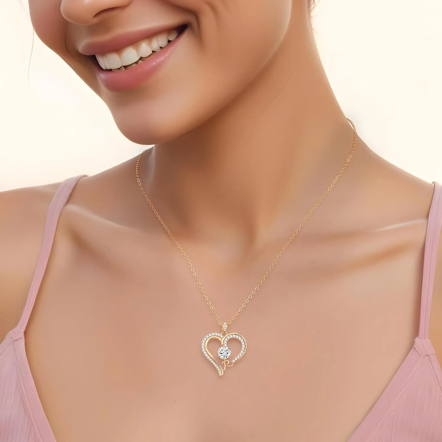 CDE Initial Necklaces for Women, Rose Gold A-Z Letter Heart Pendant Jewelry Gifts for Wife Mom Girlfriend Lady Her