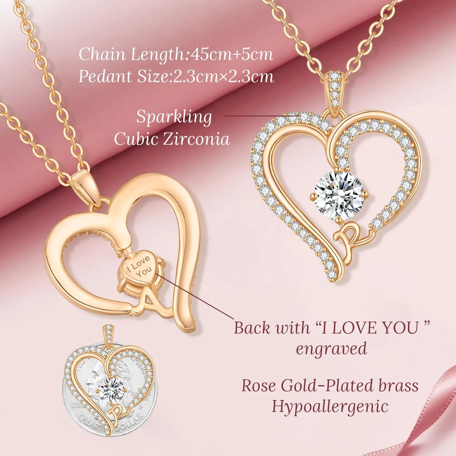 CDE Initial Necklaces for Women, Rose Gold A-Z Letter Heart Pendant Jewelry Gifts for Wife Mom Girlfriend Lady Her
