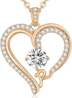 CDE Initial Necklaces for Women, Rose Gold A-Z Letter Heart Pendant Jewelry Gifts for Wife Mom Girlfriend Lady Her