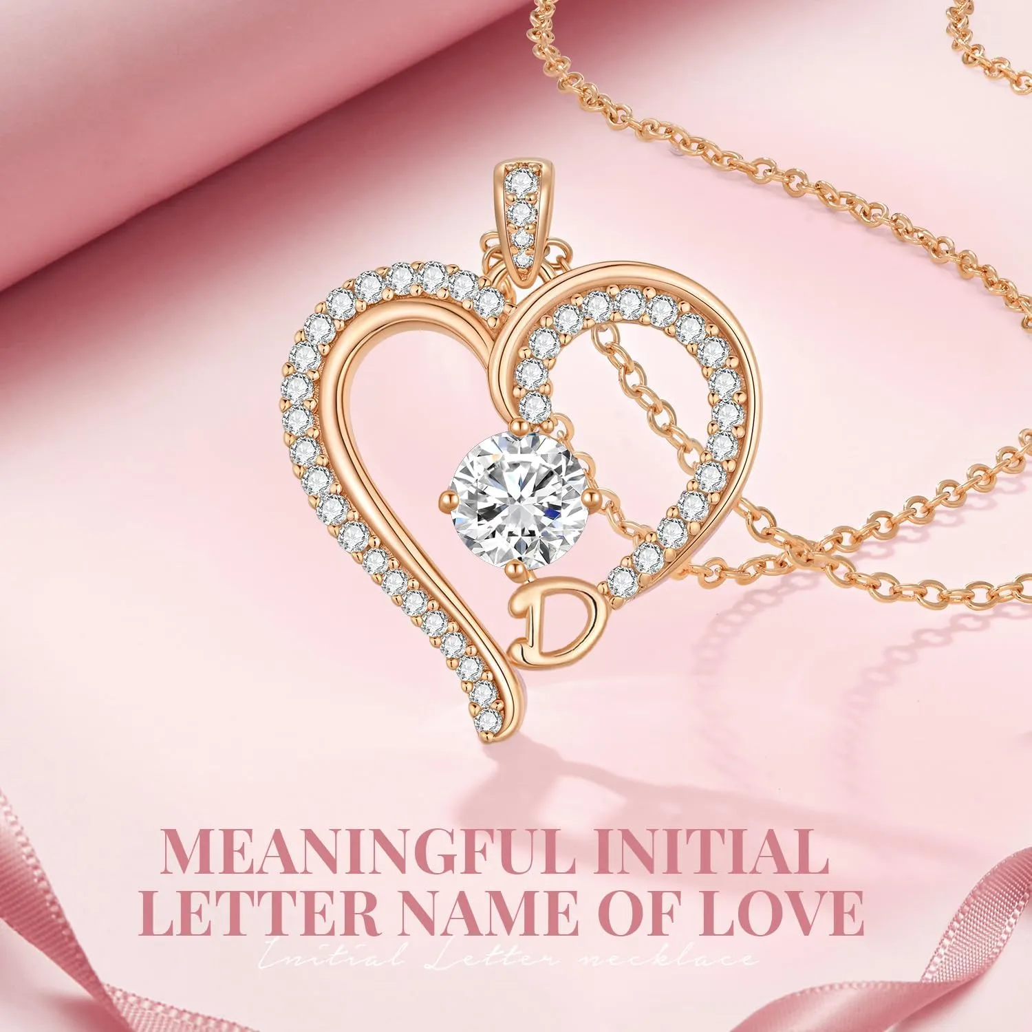 CDE Initial Necklaces for Women, Rose Gold A-Z Letter Heart Pendant Jewelry Gifts for Wife Mom Girlfriend Lady Her