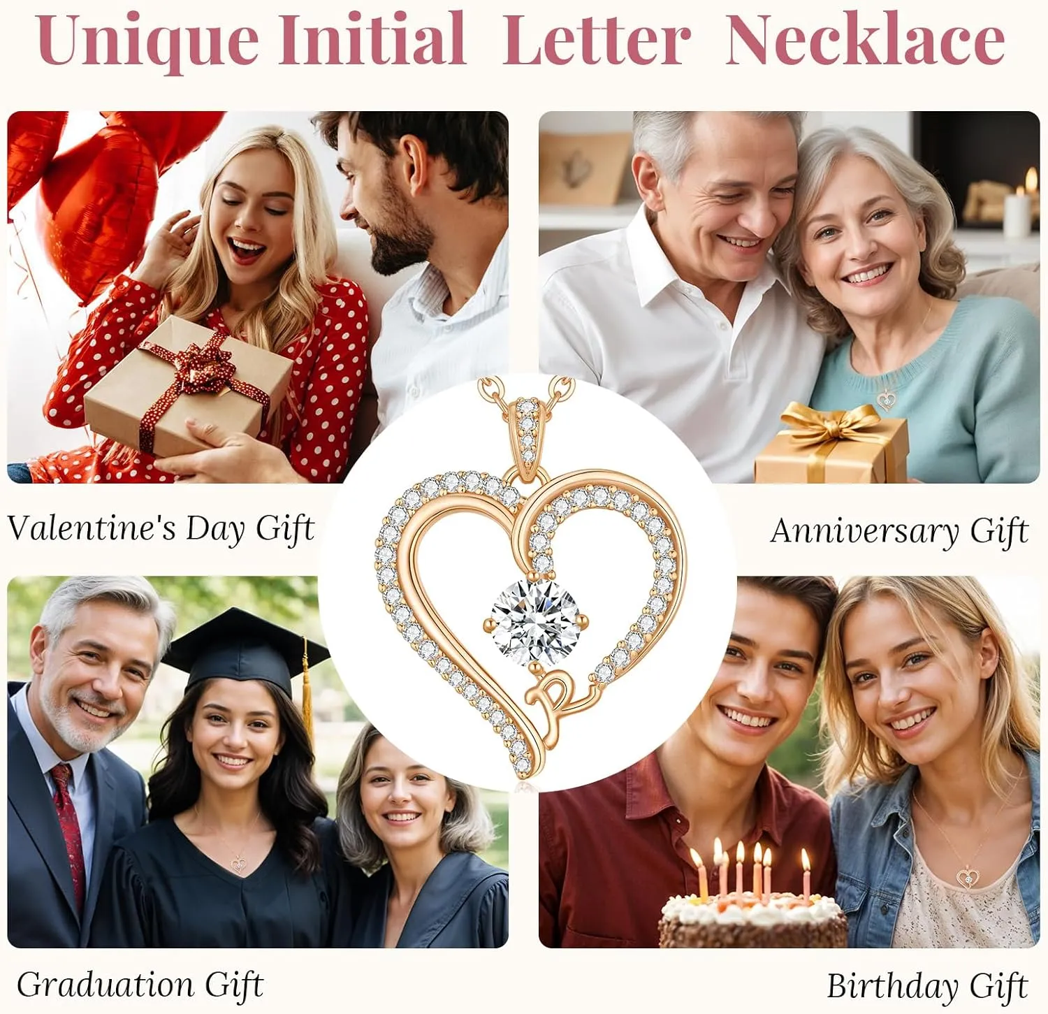 CDE Initial Necklaces for Women, Rose Gold A-Z Letter Heart Pendant Jewelry Gifts for Wife Mom Girlfriend Lady Her