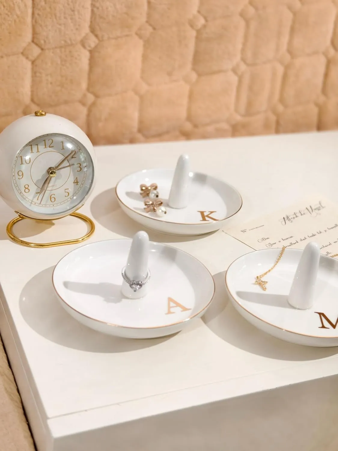 Ceramic Initials Jewelry Tray Ring Dish With Personalized H-Monogrammed Engagement Wedding Gifts, for Birthday Mother's Day for Women, Ceramic White 4.7" x2.4"