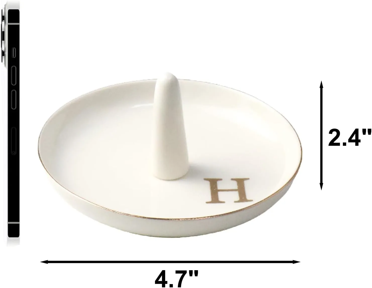 Ceramic Initials Jewelry Tray Ring Dish With Personalized H-Monogrammed Engagement Wedding Gifts, for Birthday Mother's Day for Women, Ceramic White 4.7" x2.4"