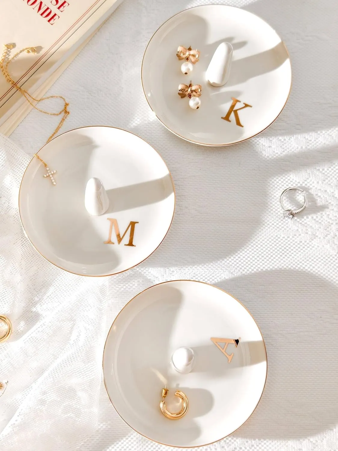 Ceramic Initials Jewelry Tray Ring Dish With Personalized H-Monogrammed Engagement Wedding Gifts, for Birthday Mother's Day for Women, Ceramic White 4.7" x2.4"