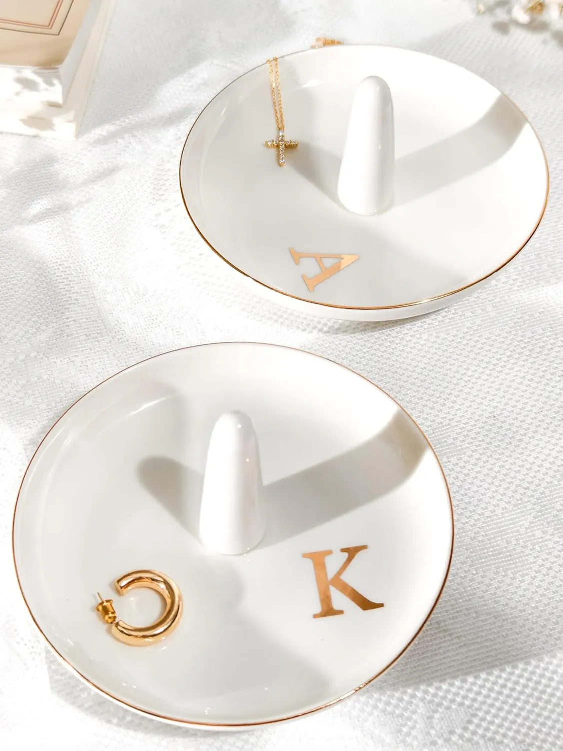 Ceramic Initials Jewelry Tray Ring Dish With Personalized H-Monogrammed Engagement Wedding Gifts, for Birthday Mother's Day for Women, Ceramic White 4.7" x2.4"