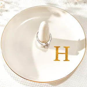 Ceramic Initials Jewelry Tray Ring Dish With Personalized H-Monogrammed Engagement Wedding Gifts, for Birthday Mother's Day for Women, Ceramic White 4.7" x2.4"