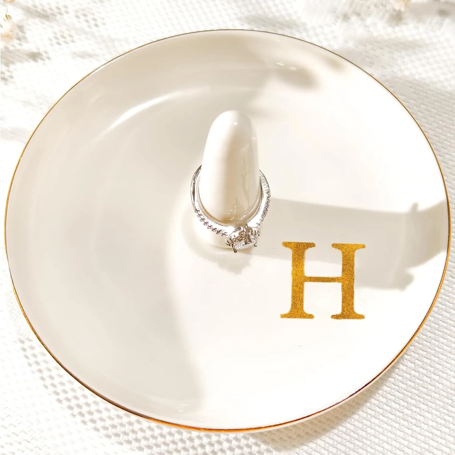 Ceramic Initials Jewelry Tray Ring Dish With Personalized H-Monogrammed Engagement Wedding Gifts, for Birthday Mother's Day for Women, Ceramic White 4.7" x2.4"