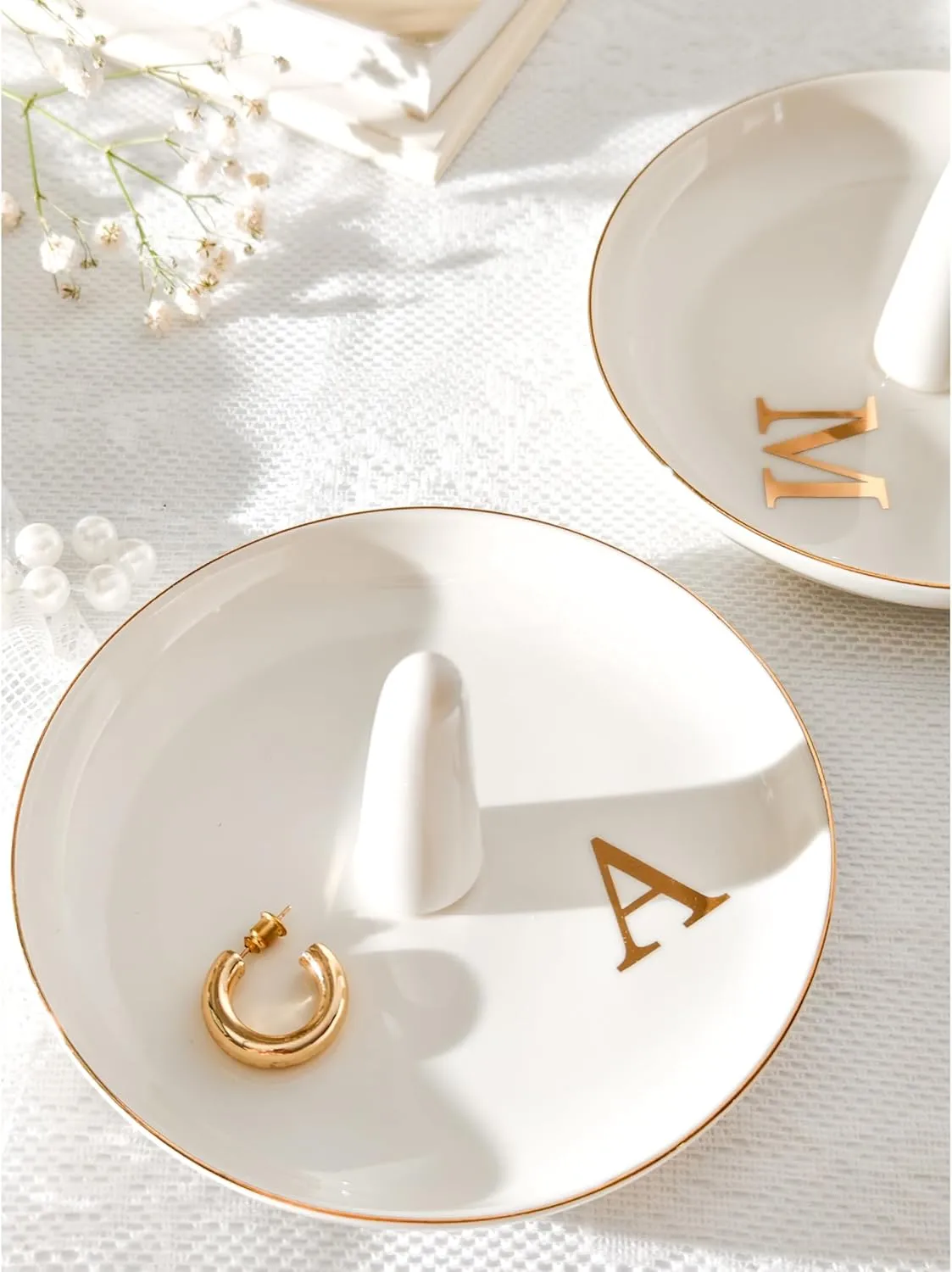 Ceramic Initials Jewelry Tray Ring Dish With Personalized H-Monogrammed Engagement Wedding Gifts, for Birthday Mother's Day for Women, Ceramic White 4.7" x2.4"