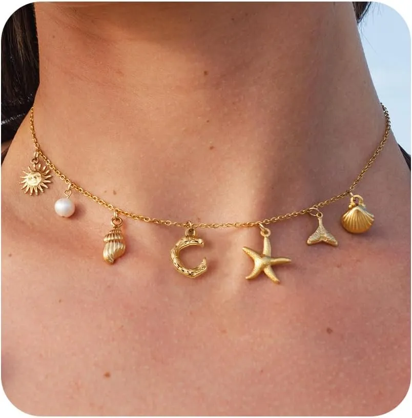 Charm Necklaces for Women, Trendy Boho 14K Gold Plated Initial Necklace Starfish Pearl SeaShells Shell Sun Pendant Choker Necklace Summer Beach Jewelry for Women Gift