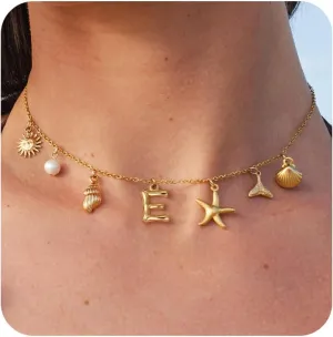 Charm Necklaces for Women, Trendy Boho 14K Gold Plated Initial Necklace Starfish Pearl SeaShells Shell Sun Pendant Choker Necklace Summer Beach Jewelry for Women Gift