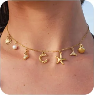 Charm Necklaces for Women, Trendy Boho 14K Gold Plated Initial Necklace Starfish Pearl SeaShells Shell Sun Pendant Choker Necklace Summer Beach Jewelry for Women Gift