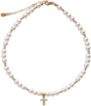 Cherished Moments Children's 14K Gold-plated Bracelet and/or Necklace with High-End Simulated Pearls and Cross Charm for Baptism, Christening or First Communion Gift for Girls