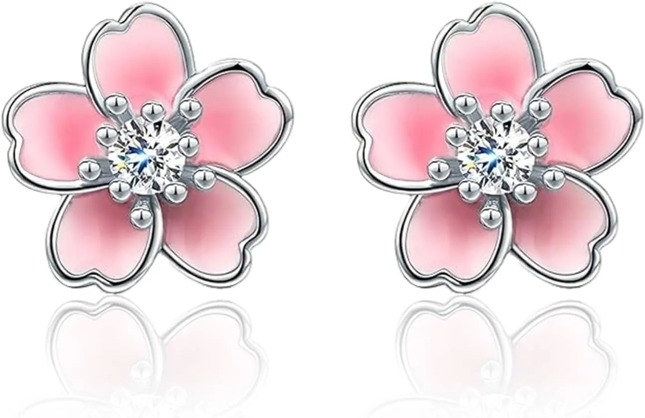 Cherry Blossom Earrings for Women 925 Sterling Silver Pink Flower Studs Cute Hypoallergenic Jewelry Plumeria Floral Design Cute Flower Stud Earrings